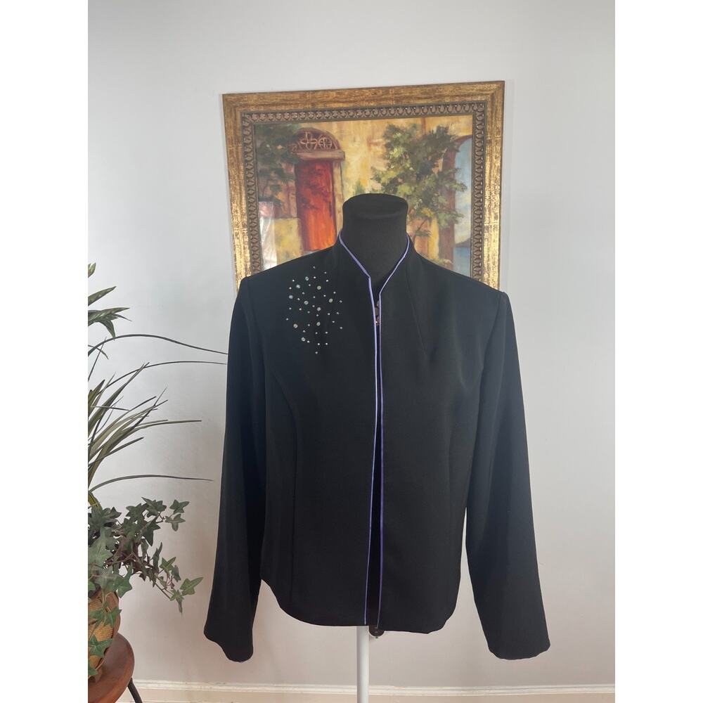Jessica Howard‎ Jacket Womens Size 14 Black Lavender Piping Rhinestones Elegant